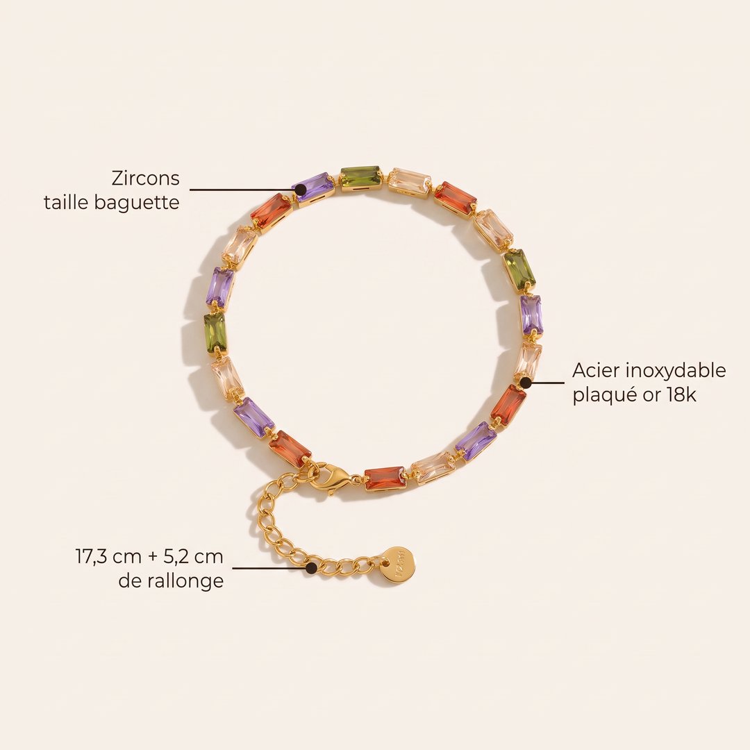Bracelet Tennis Éclat en acier inoxydable plaqué or 18k, zircons taille baguette, Sway