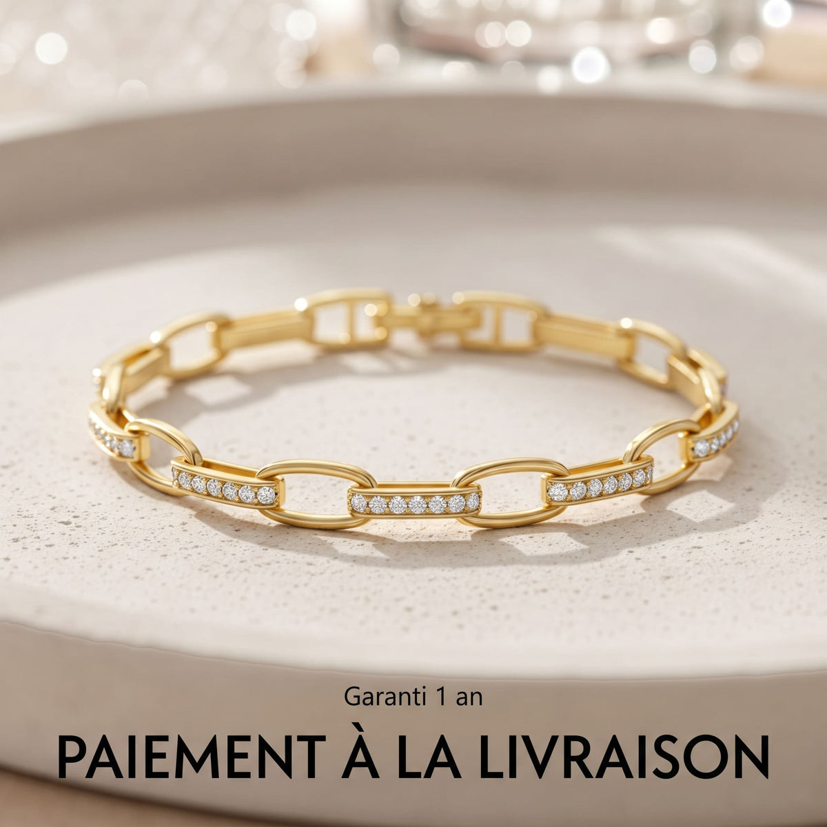 Bracelet Maillons Lumière doré sur un plateau en pierre, garanti 1 an, Sway