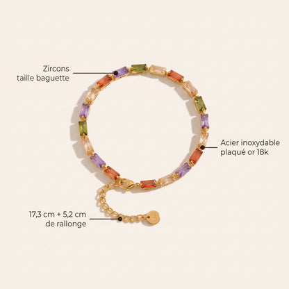 Bracelet Tennis Éclat en acier inoxydable plaqué or 18k, zircons taille baguette, Sway