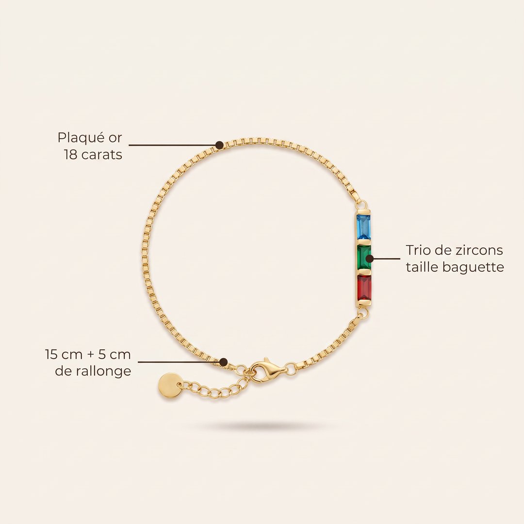 Bracelet Trio Baguette plaqué or 18 carats, trois zircons baguette au choix, Sway