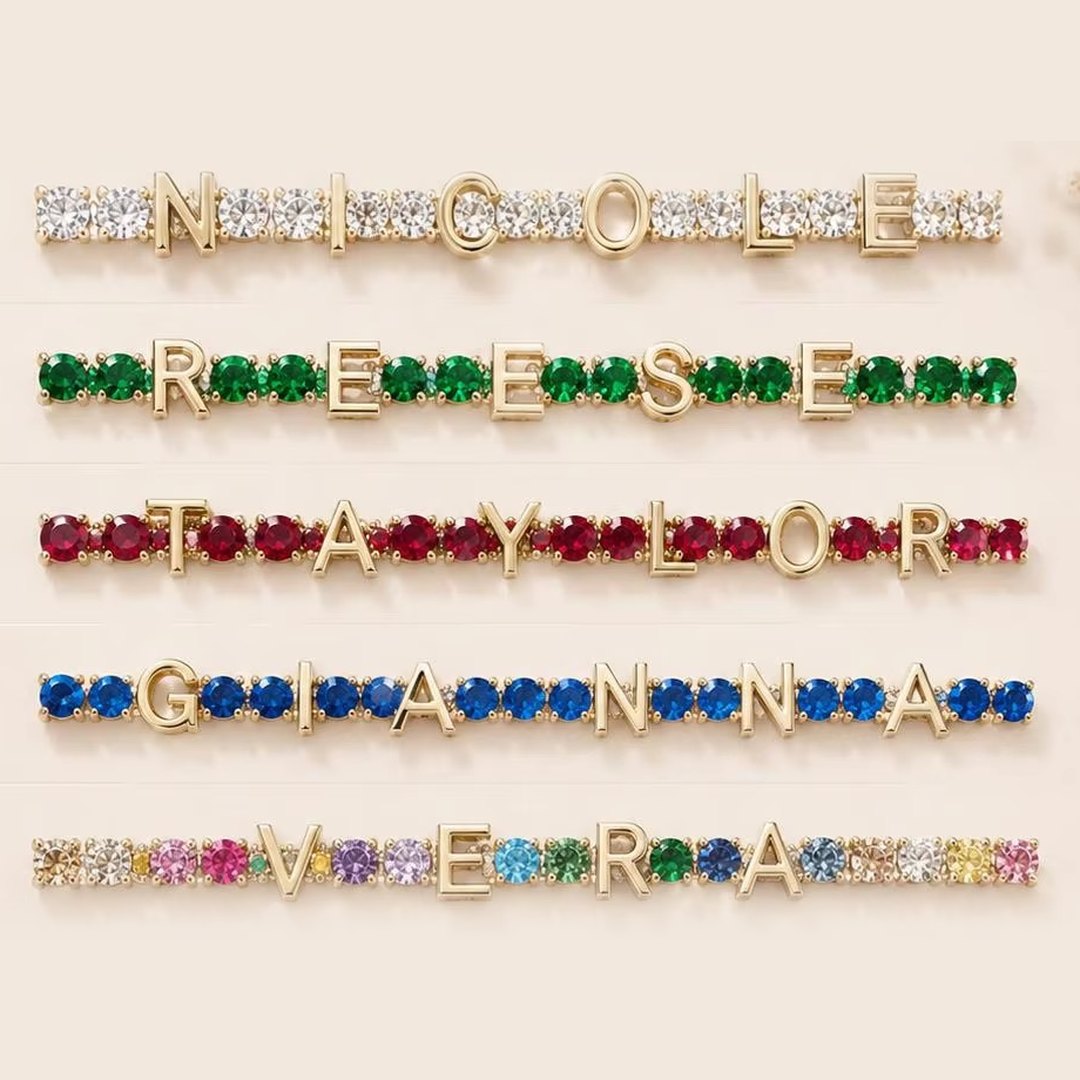Bracelets prénom avec pierres blanches, vertes, rouges, bleues et multicolores